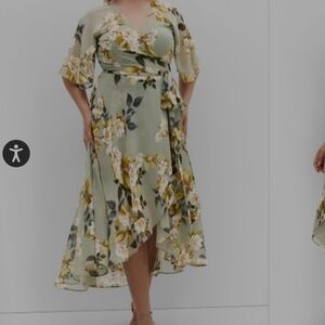 City Chic Floral High Low Dress in Green and Yellow